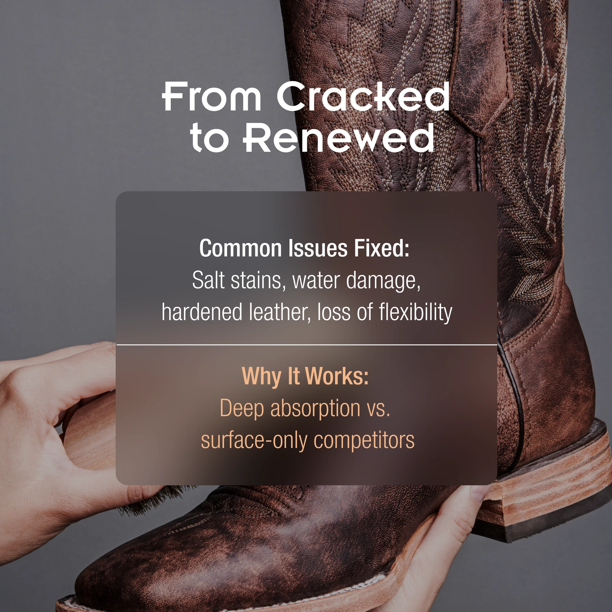 Fixes stains, water damage, hardened leather, loss of flexibility, absrobs deeply, leather care, boot care, leather conditioner, leather conbditioning, boot oil
