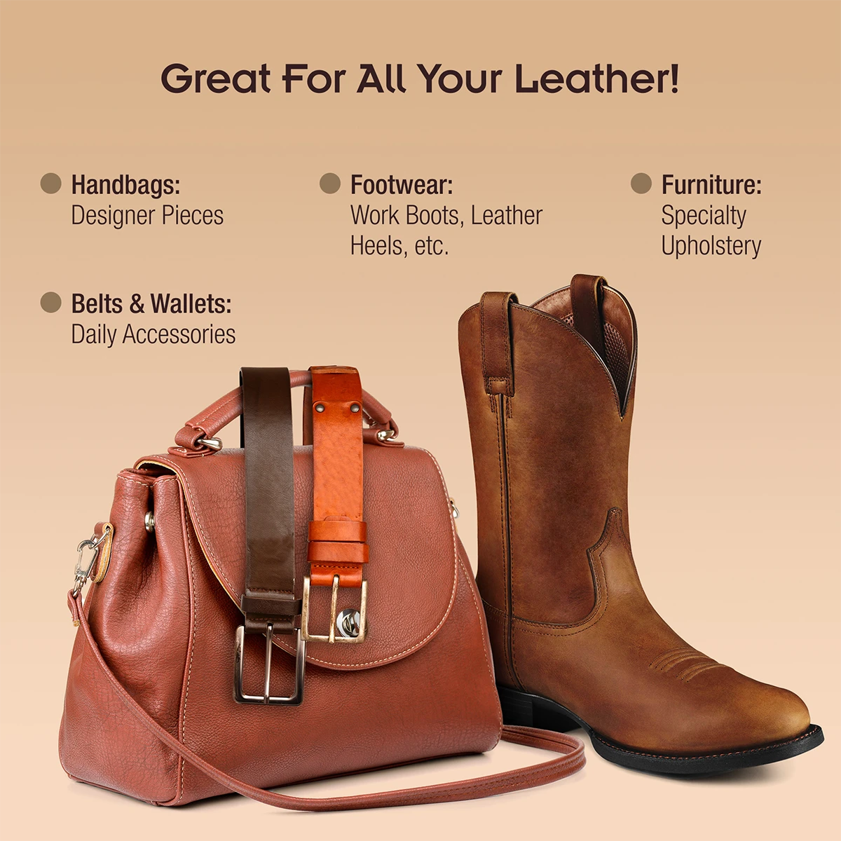 leather care, leather handbag care, leather shoe care, leather furniture care, belt and wallet care, work boots, leather cowboy boots, saddle care, premium leather conditioner, leather conditioner, boot conditioner